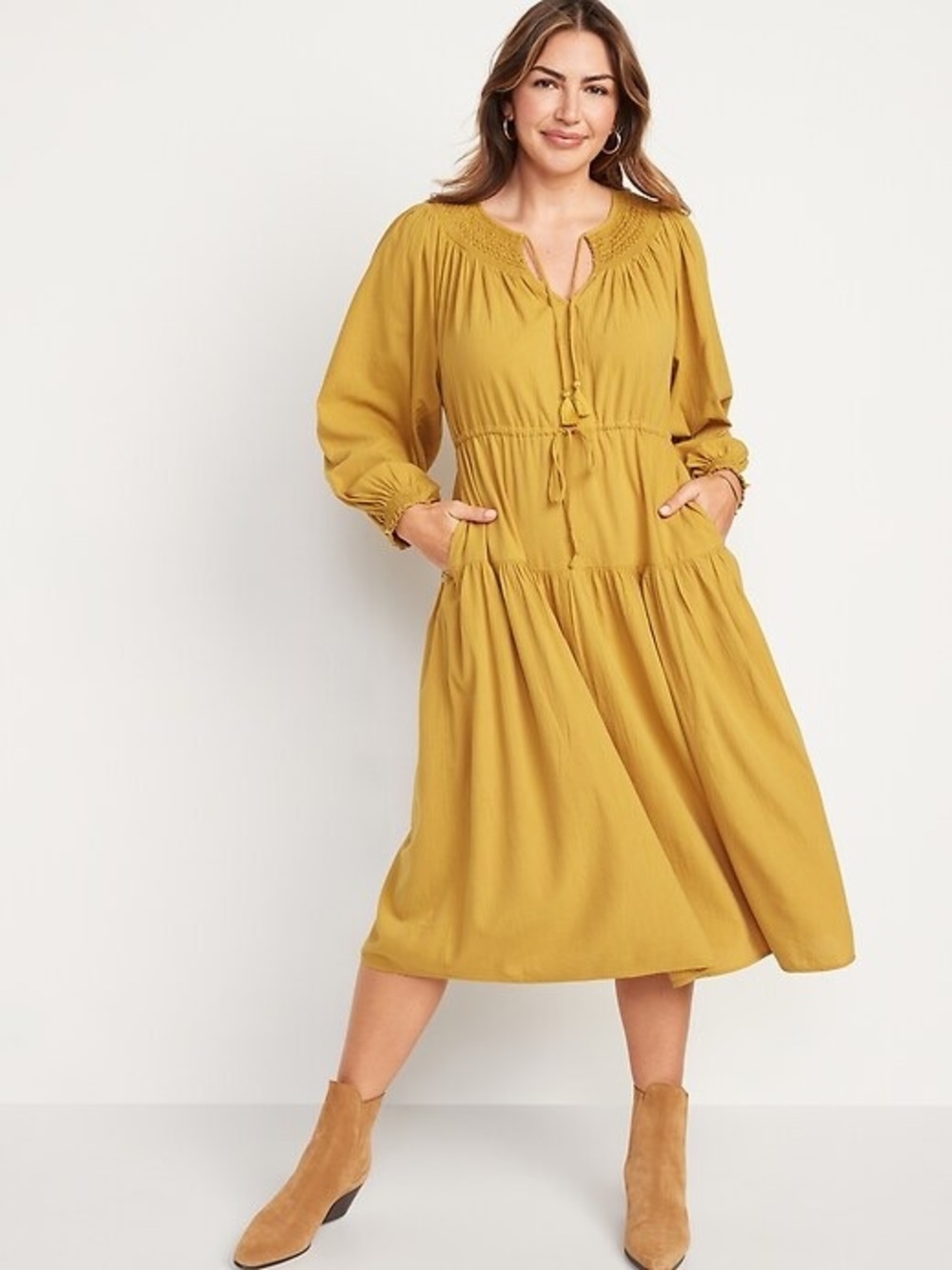 Old Navy Waist-Defined Crinkle-Textured Long-Sleeve Midi Dress Celandine M